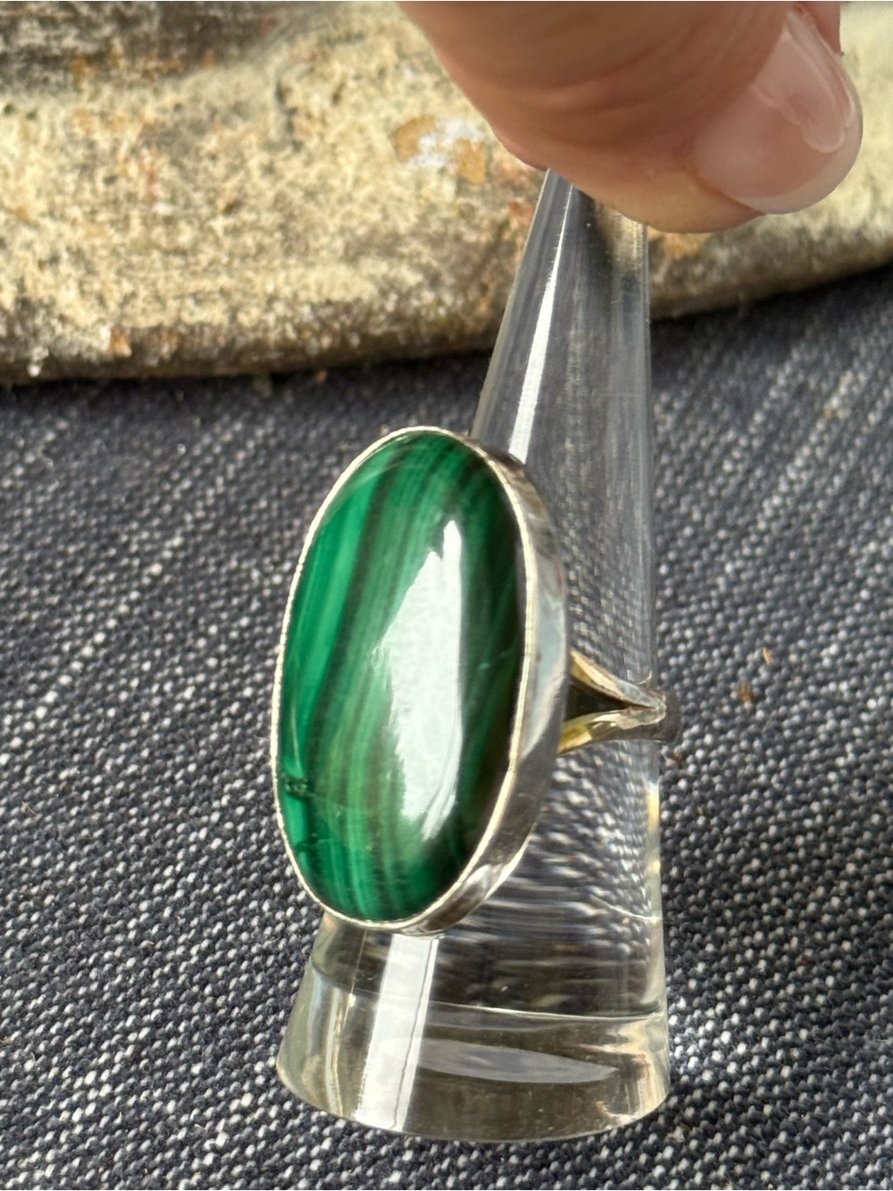 Hand Crafted Green Banded Malachite Oval Ring Set in .925 Solid Silver band.